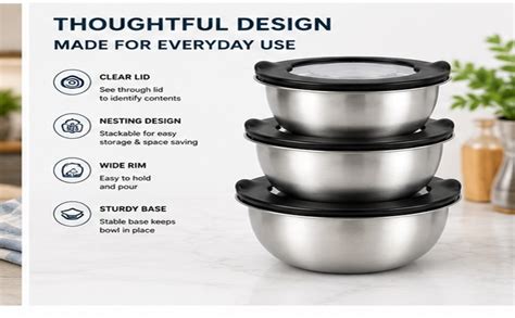 Buy HOME BARGAINS Stainless Steel Mixing Bowl Set with Transparent ...