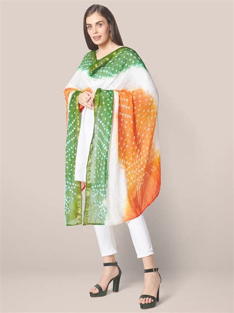 Tri Colour Tiranga Bandhini Silk Dupatta Stole 2meters(Independence Day ...