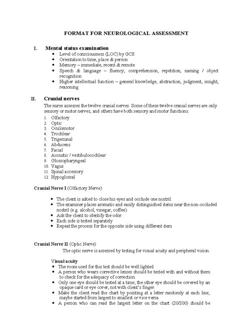 Neurological assessment - FORMAT FOR NEUROLOGICAL ASSESSMENT I. Mental ...
