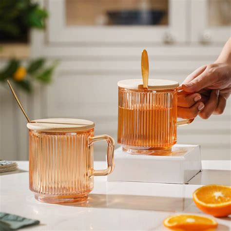 Aurora Ribbed Amber Glass Mug With Lid And Spoon Set Of 2 350 ml Online ...