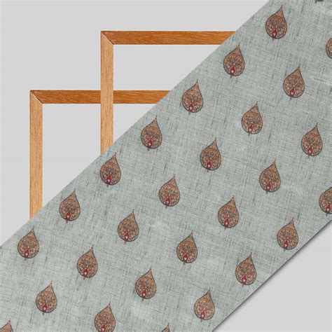 Light Grey Leaf Pattern Digital Print Viscose Muslin Fabric – Fabcurate