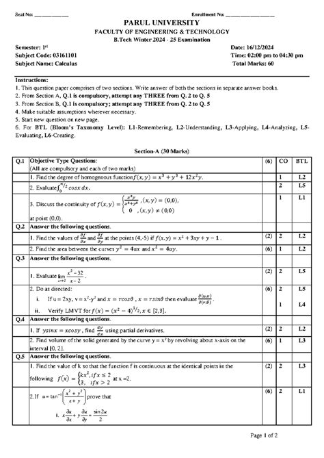 B.Tech Winter 2024 25 Exam: Calculus (03161101) Question Paper - Studocu