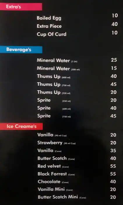 Menu at HFC Bawarchi Restuarent, Hyderabad