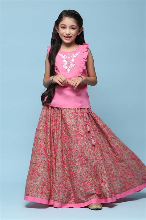 Pink Cotton Straight Printed Kurta Skirt Suit Set at Biba India