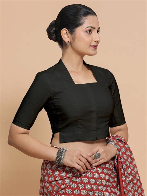 Elbow Sleeves Saree Blouse in Ebony Black Linen – Binks