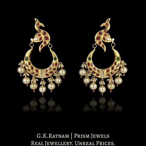 23k Gold and Diamond Polki Chand Bali Earring Pair with Ruby & Emerald ...
