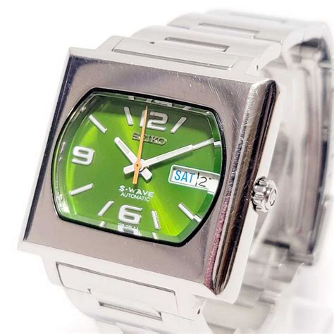 品 SEIKO S-WAVE 7S26-5000 デイデイト 裏スケ 自動巻き メンズ腕時計 AT オートマチック グリーン スクエア ...