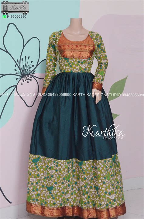 Olive green kalamkari and bottle green narayanpet cotton long gown ...