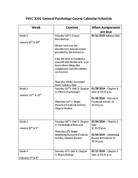 PSYC 2301 Course Calander TR (Spring 2024)(1) - PSYC 2301 General ...