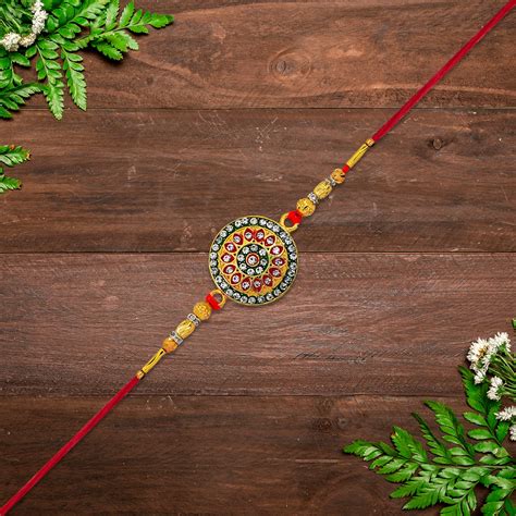 Royal Designer Rakhi With Kundan Centerpiece Red Green Enamel Work And ...