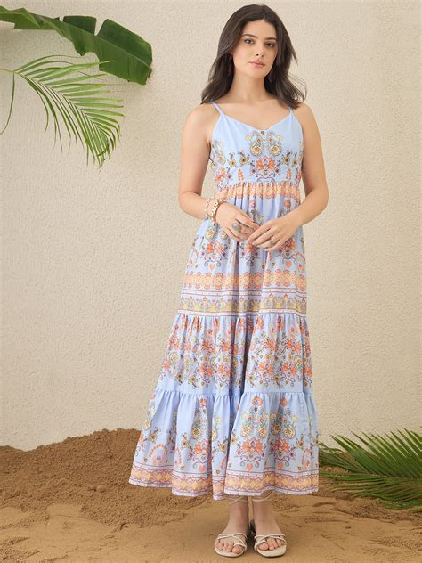 Sky Blue Floral Printed A-line maxi dress – Octics