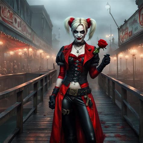 Postcard of Harley Quinn in red and black jester outfit on a foggy pier ...