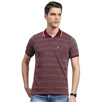 Buy Monte Carlo Mens Maroon Striped Collared Neck Half Sleeve Regular ...