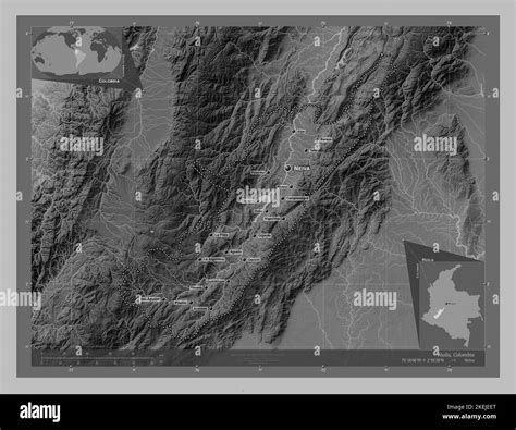 Huila, department of Colombia. Grayscale elevation map with lakes and rivers. Locations and ...