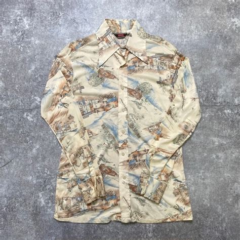 70's 70s Levi's ポリシャツ リーバイス 総柄シャツ 西部開拓時代柄 襟芯入り 三角タグ USA製 米国製 ヴィンテージ ...