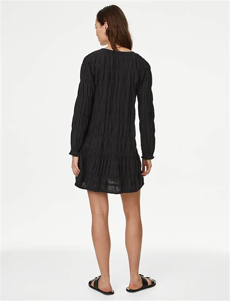 Buy Cotton Rich Textured V-Neck Mini Shift Dress at Marks & Spencer
