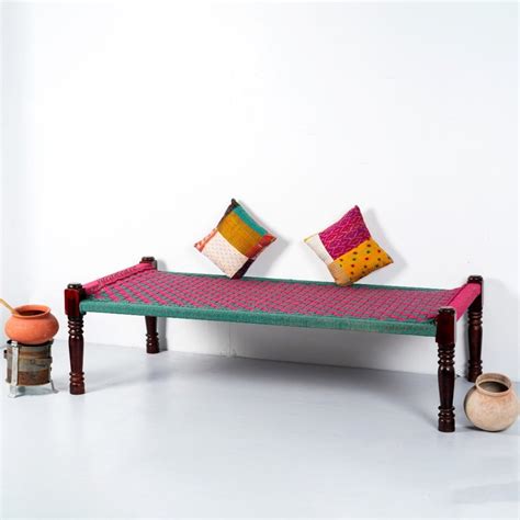 Buy Rajasthani Wooden Khatiya Khaat (Pink Green) – Furnweave