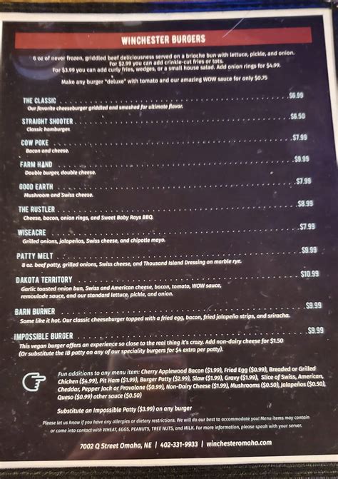 Menu at Winchester Bar & Grill, Omaha