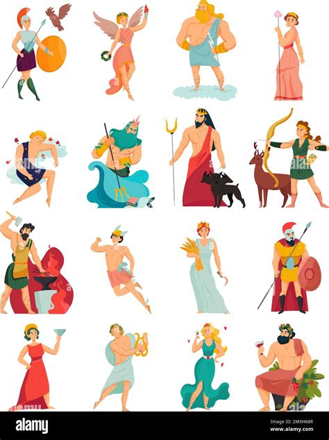 Greek gods cartoon icons set with zeus poseidon hera apollo aphrodite ares hades isolated on ...