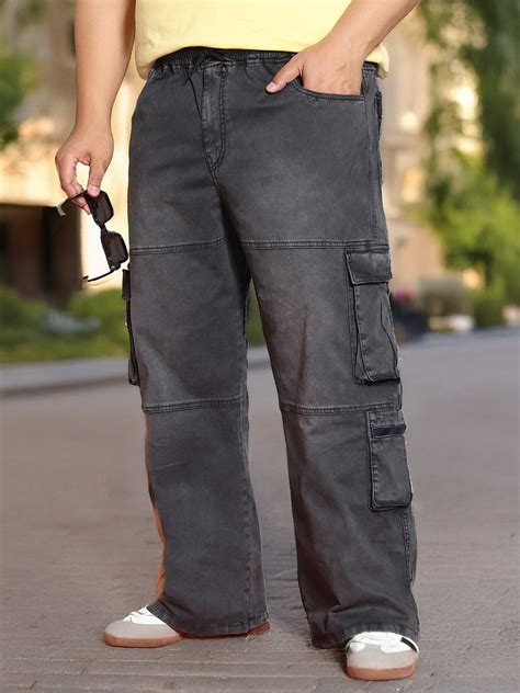 Plus Men's Black Loose Baggy Fit Travel Cargo Jeans With 8 Pockets Str ...