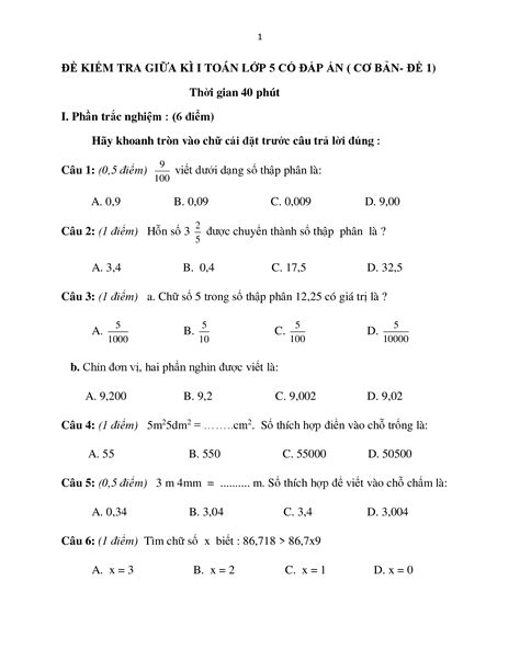 Trọn Bộ Đề Thi Giữa Kì I Lớp 5 Năm Học 2022 - 2023