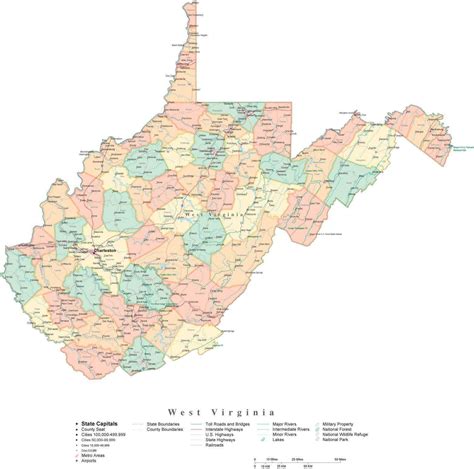 State Map of West Virginia in Adobe Illustrator vector format. Detailed ...