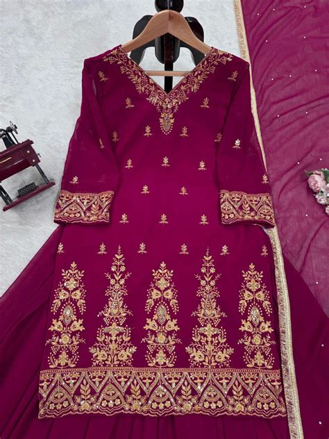 Rani Pink Premium Faux Georgette Embroidered Set with Plazo