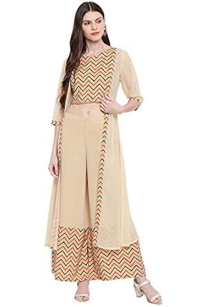 Buy Janasya Women's Poly Crepe Chevron/Zig Zag Crop Top with Palazzo ...
