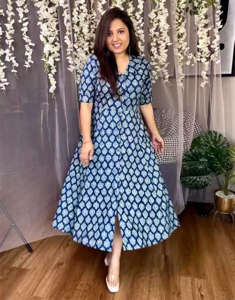 Blue diva printed flair cotton casual dress