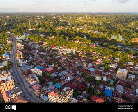 Aerial Drone shot of Chake Chake City, a Capital of Pemba island, Zanzibar archipelago. City in ...