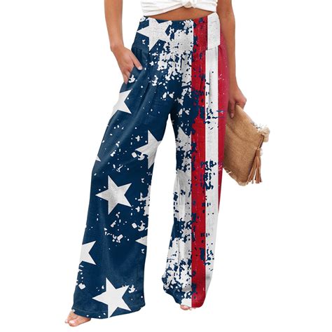 BOMYJESK 4th of July Linen Pants Women Comfy Flowy Wide Leg Pants ...