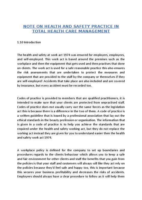 NOTE ON Health AND Safety Practice IN Total Health CARE Management ...