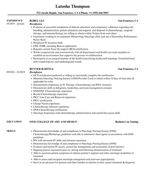 Rn-infusion Resume Samples | Velvet Jobs