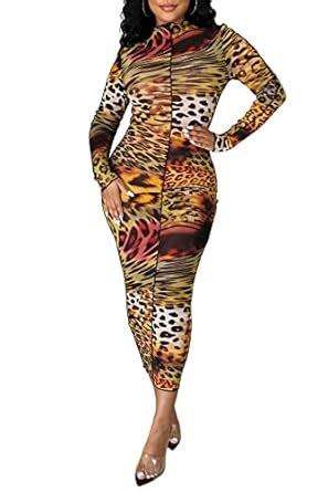 Buy BYDIVA Sexy Long Sleeve Leopard Print Bodycon Dress Streetwear ...