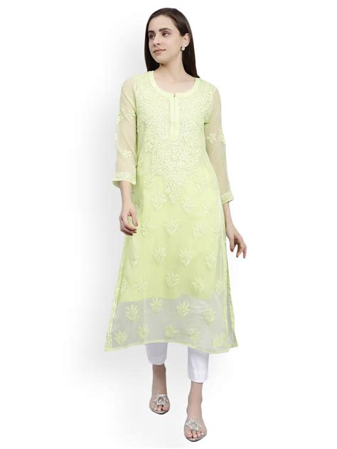 Buy Seva Chikan Hand Embroidered Lucknowi Chikankari Green Georgette ...