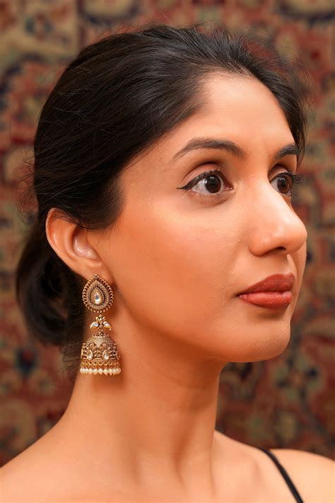 Antique Gold Polki Jhumka Earrings with Pearl Drops — Traditional Sout ...
