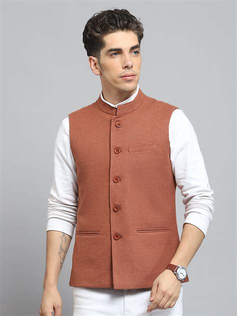 Buy Men Orange Solid Band Collar Sleeveless Jacket Online in India ...