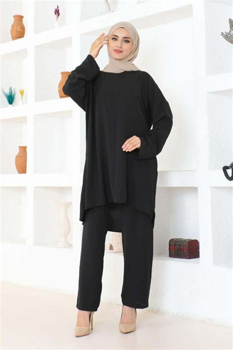 Black Lina Aerobin Two-Piece Modest Set | Mec Fashion