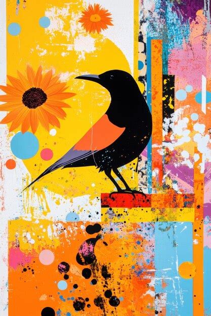 Bold modern artwork with a bird silhouette amid vibrant colors and ...
