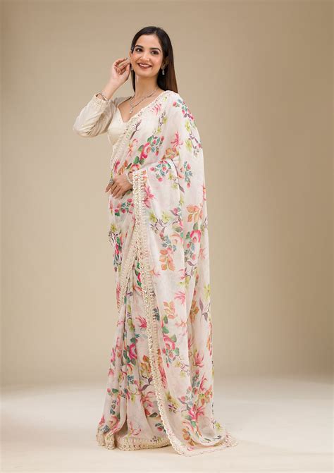 Buy Off White Printed Georgette Saree - Koskii