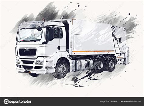 Garbage Truck Trash Can Lift Arm Horizontal Art Illustration Drawing ...
