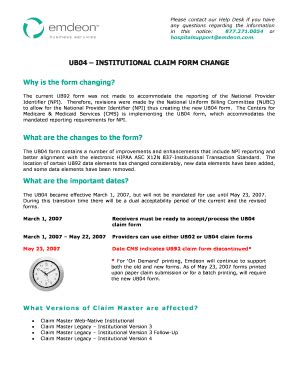 Fillable Online UB04 INSTITUTIONAL CLAIM FORM CHANGE Why is ...