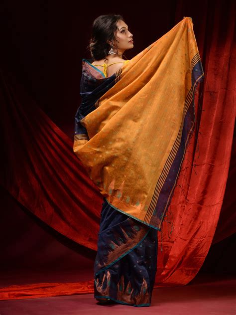 Midnight Blue Cotton Blend Handwoven Saree With Woven Ethnic Motifs An ...