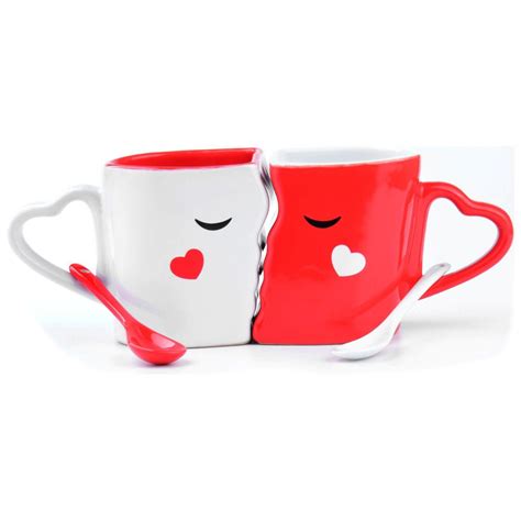 Buy Wellehomi Porcelain Couple Kissing Mug Set with Spoons (Red and ...