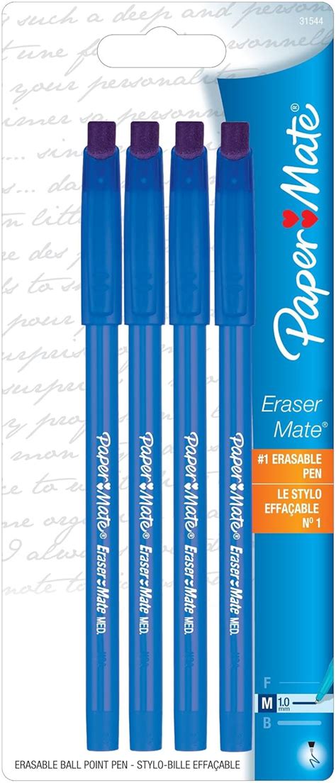 Paper Mate Erasermate Stick Medium Tip Ballpoint Pens, 3 Blue Ink Pens ...