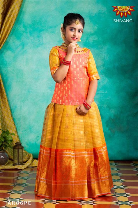 Latest Trendy Attractive Pattu Pavadai For Girl Kids-Ethnic Wear-Peach