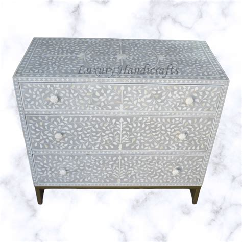 Scroll Vine Bone Inlay Chest of 3 Drawers Grey – Luxury Handicrafts