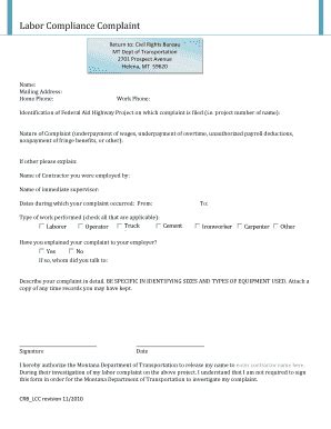 Fillable Online mdt mt Labor Complaint Form PDF - the Montana ...