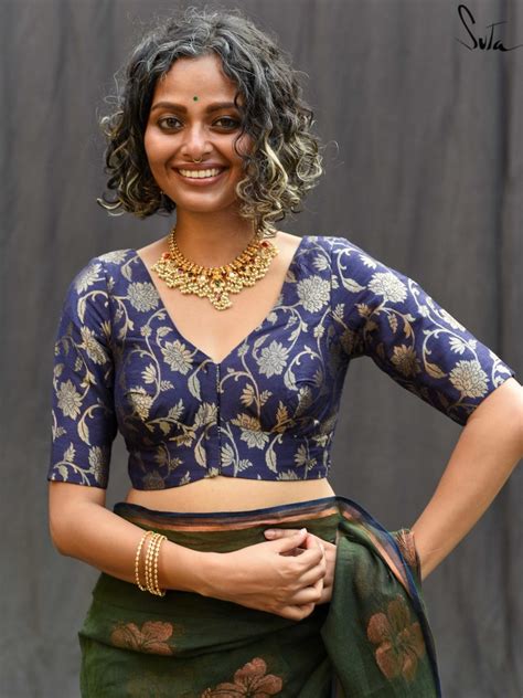 Silk Blue Floral Design Blouse With V Neck|Jal Kamal|Suta