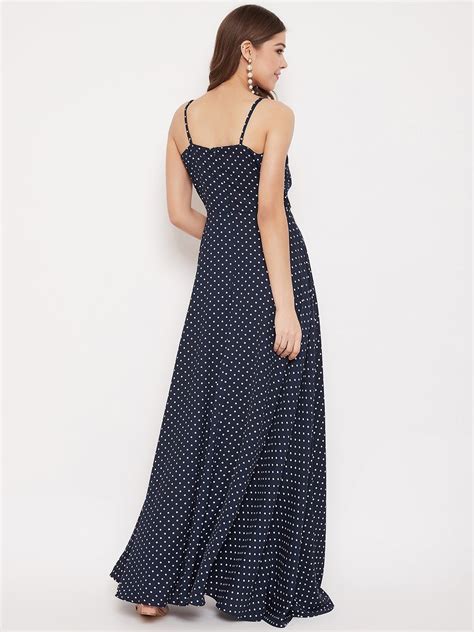 Berrylush Women Navy Blue & White Polka Dot Printed V-Neck Thigh-High